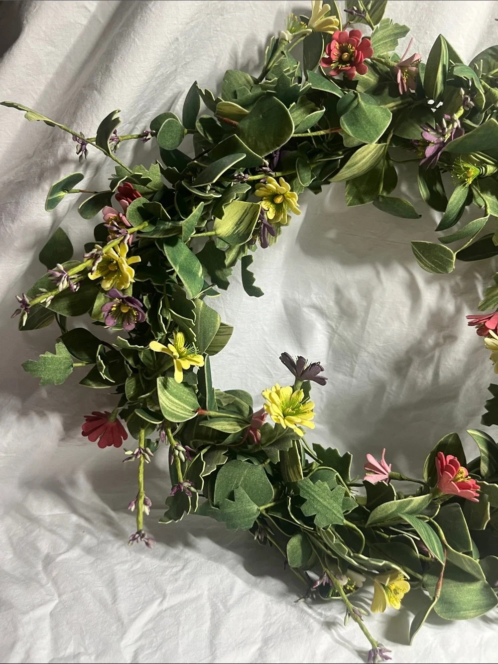 Spring Floral Green Wreath with Pink, Yellow and Purple Flowers